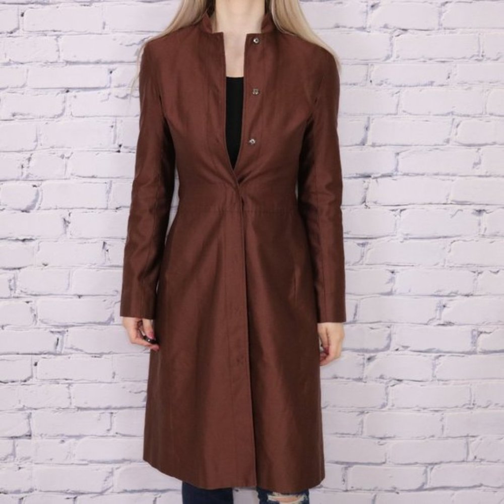 BCBG Maxazria Collection 100% silk brown coat o1